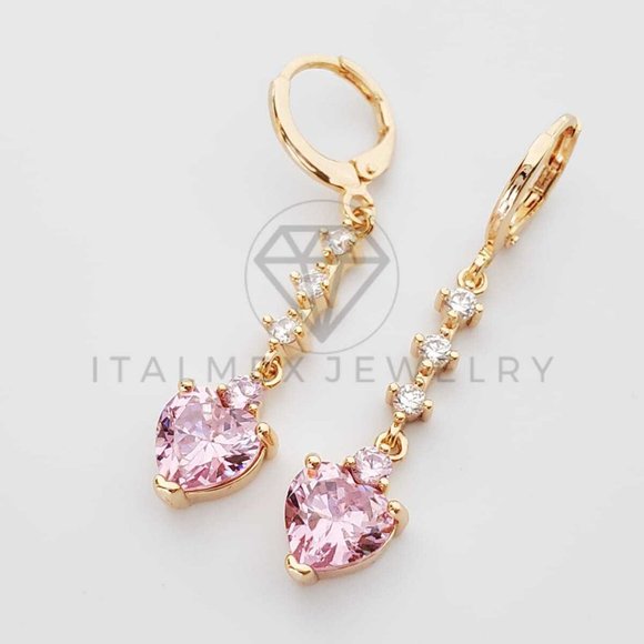 18K Gold Plated Pink CZ Heart Drop Earrings - Picture 2 of 8